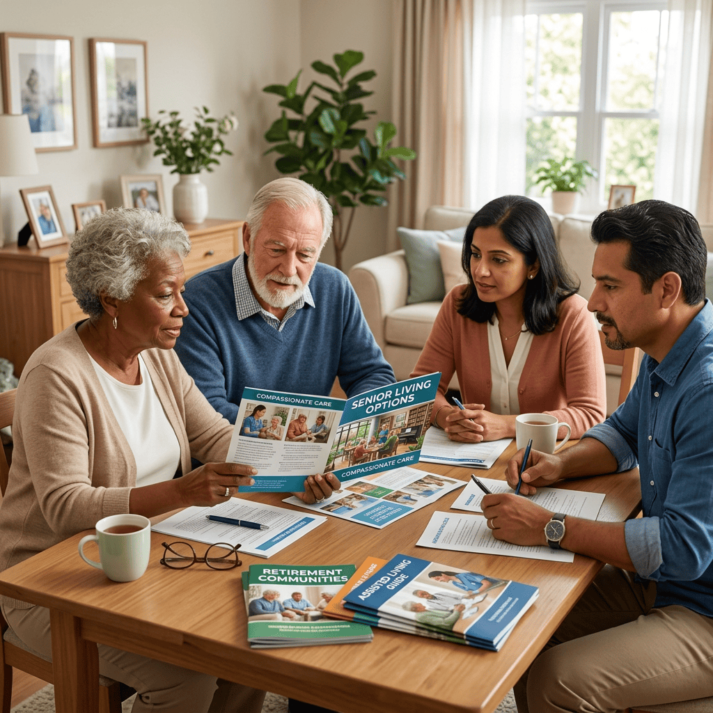 Two seniors and two adults sitting around a table reviewing senior living brochures and documents