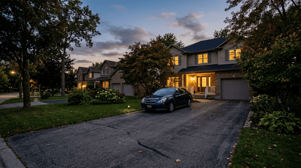 Suburban two-story house with lit windows and a car parked in the driveway at dusk